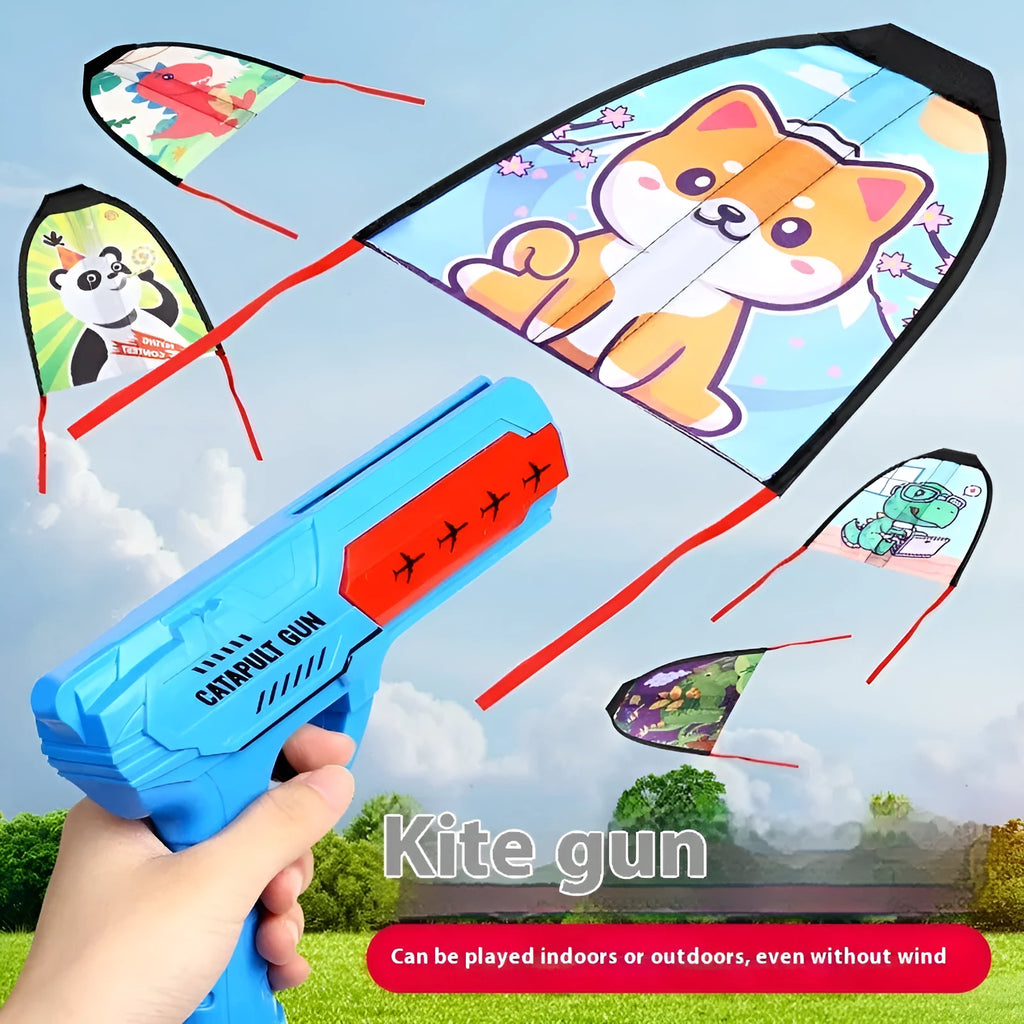 Plastic kite gun toy with rubber band, blue colour, includes kite accessory