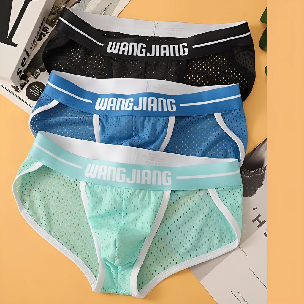 Men's triangular underwear in mesh ice silk fabric showing quick-dry sports briefs in multiple colours