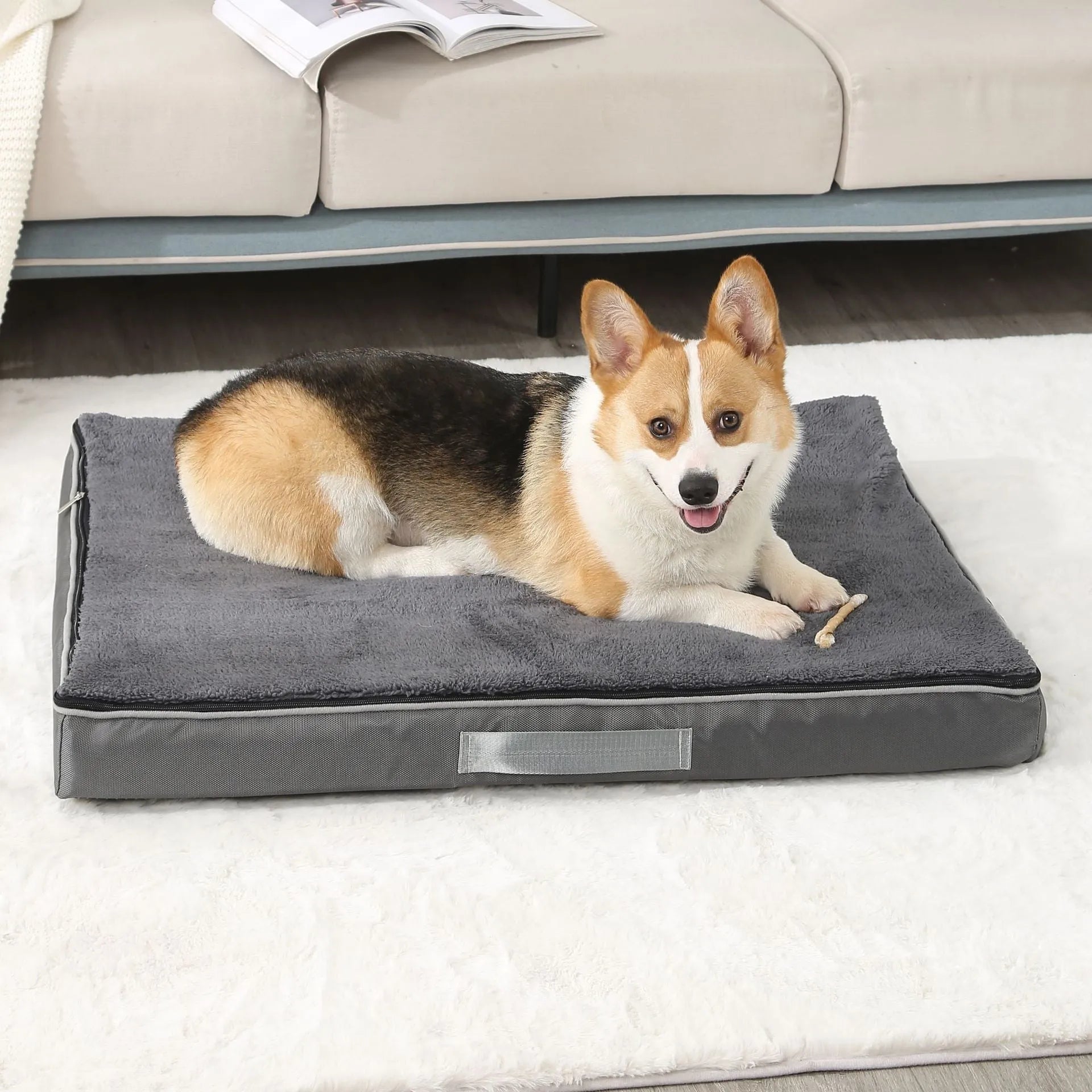 Removable washable memory sponge dog mat in khaki colour on a wooden floor.