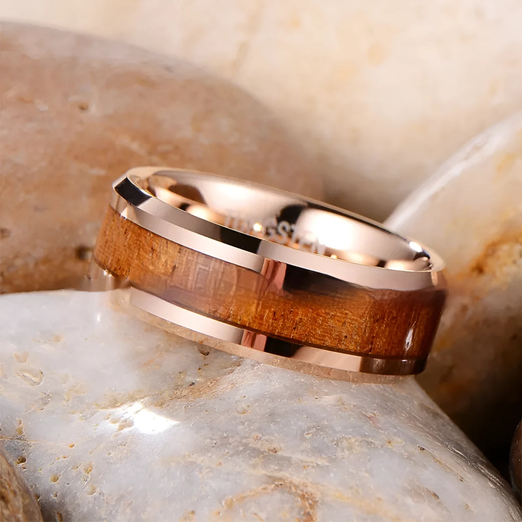 8mm wide U-shaped tungsten gold electroplated ring in rose gold or steel colour