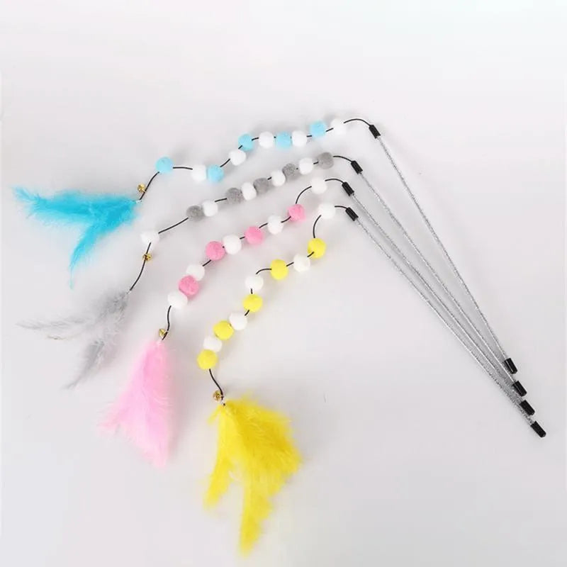 31cm cat teaser interactive toy rod with bell and pompon feather attachments in four colour options