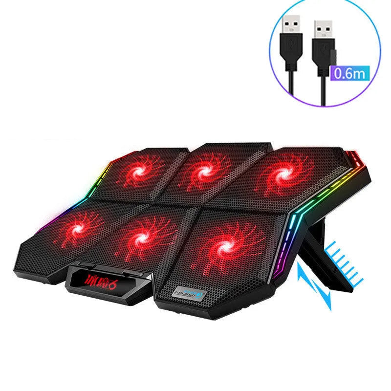 Black and red six-fan laptop cooling pad with USB cable on a desk.