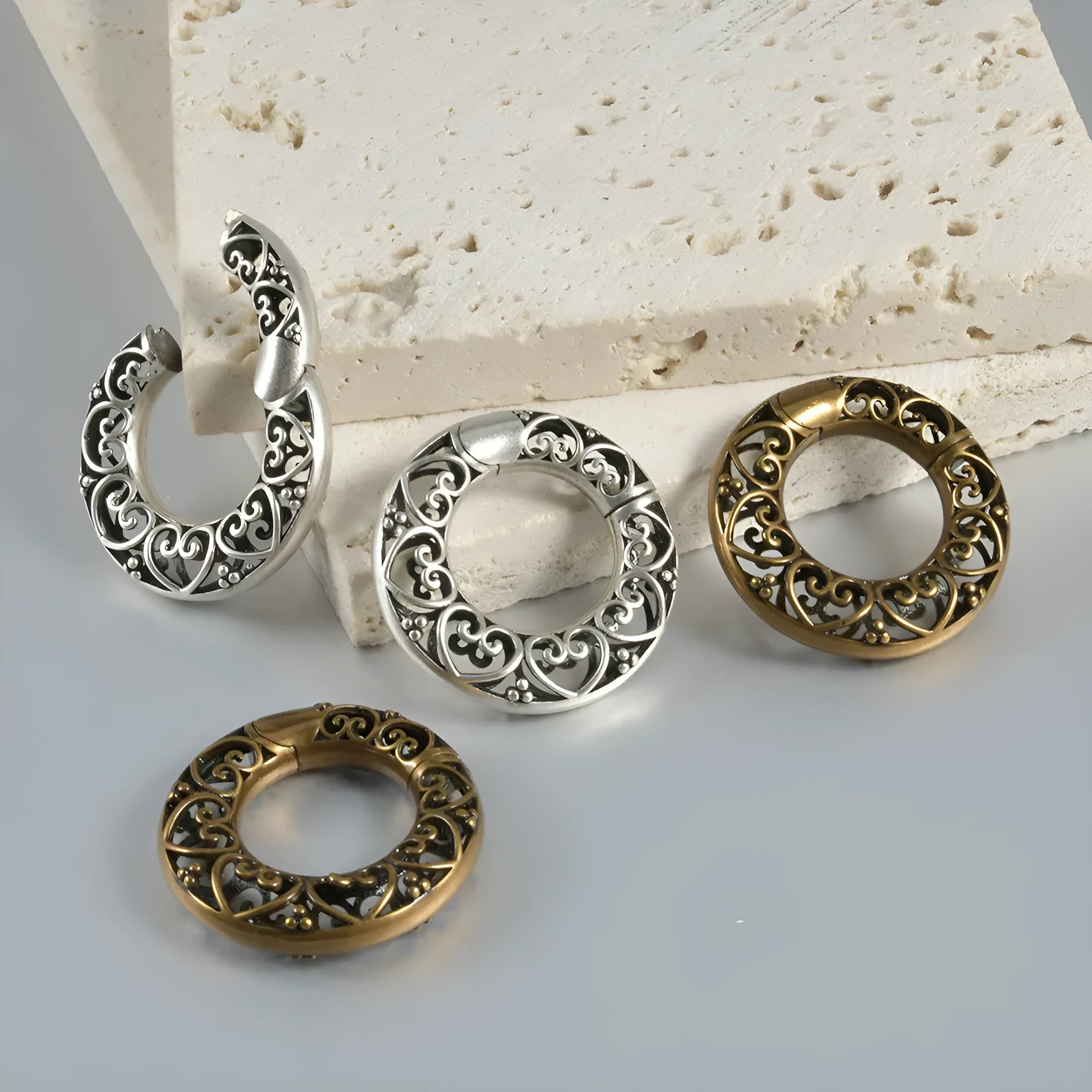 Retro geometric magnetic earrings in heart or lotus shape with antique silver or gold finish