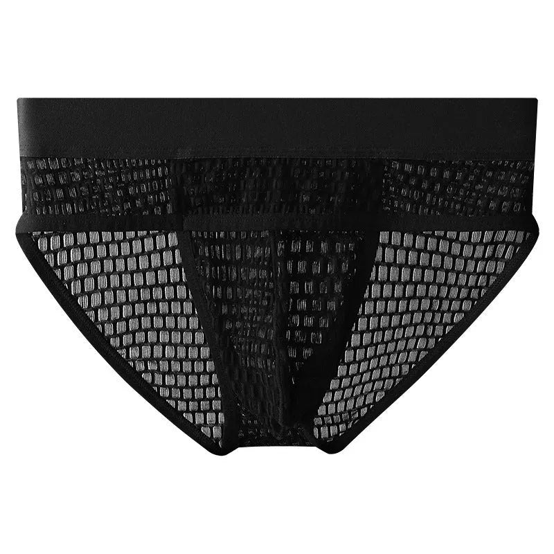 Men's solid colour lace briefs with mid-rise waist and U-pouch design on a white background.