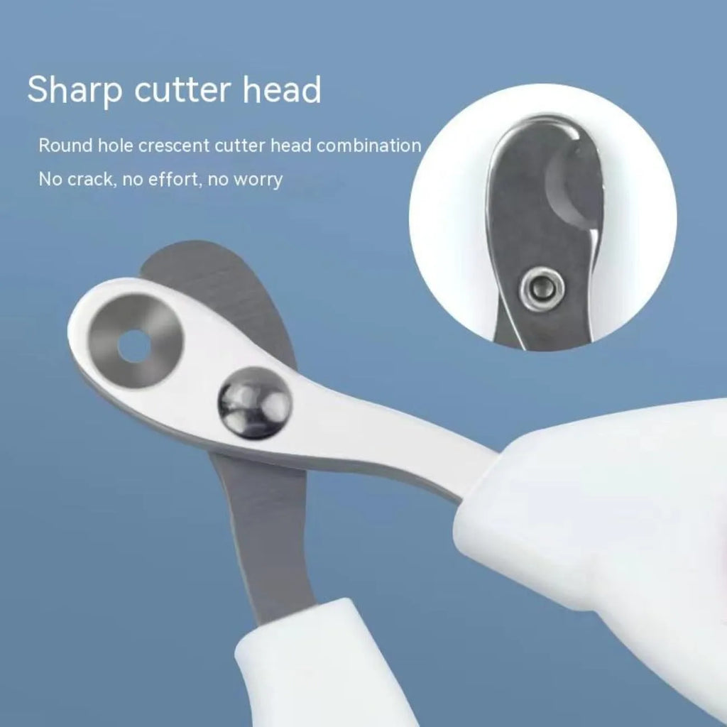 Blue pet nail clippers with a circular safety hole and non-slip handle on a white background.