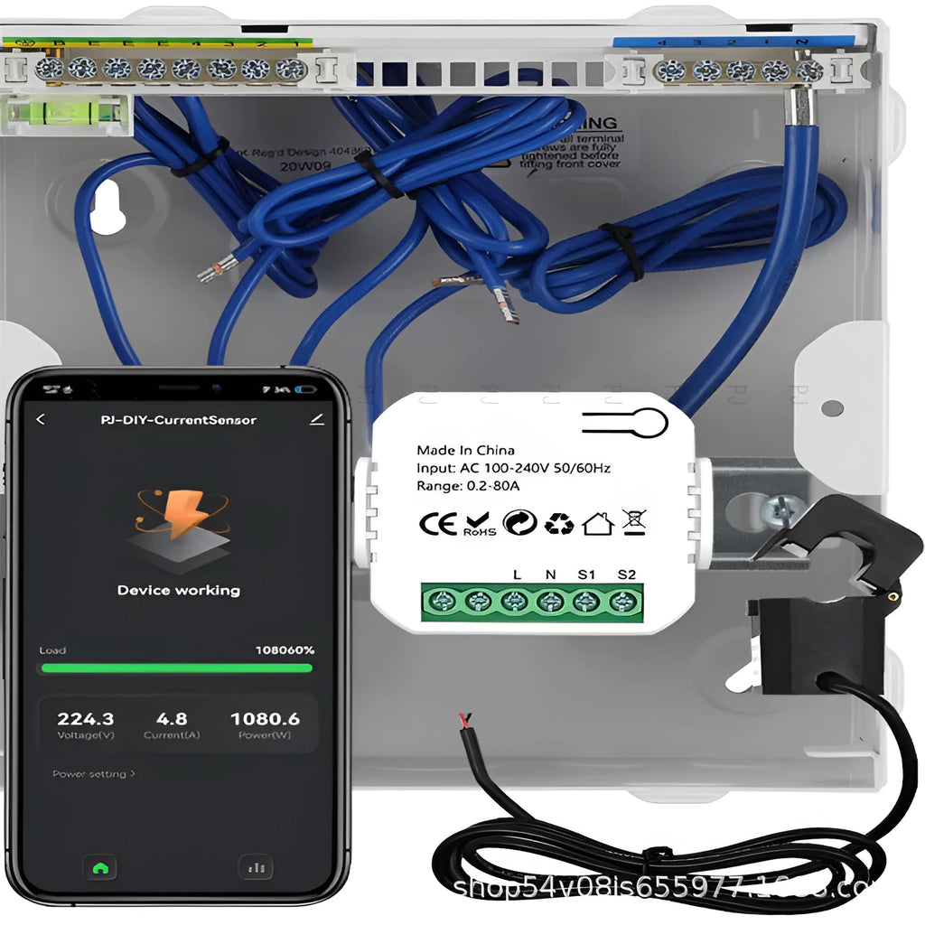 Graffiti WiFi smart meter with current transformer clamp for real-time energy monitoring in home electrical panel
