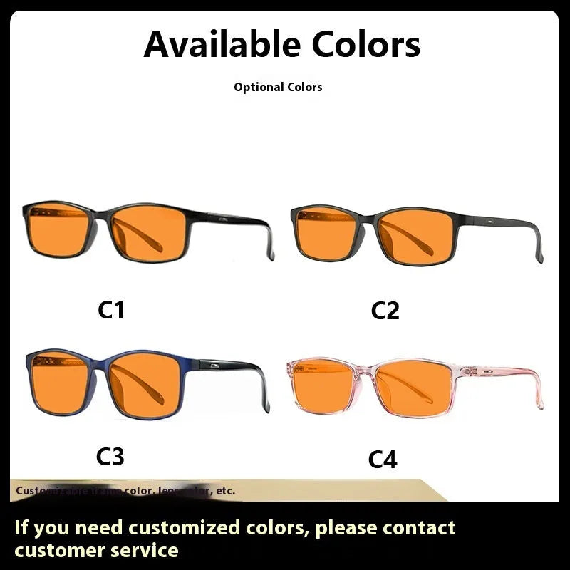 Anti-blue light glasses with orange lenses and full-rim frames in four colour options.