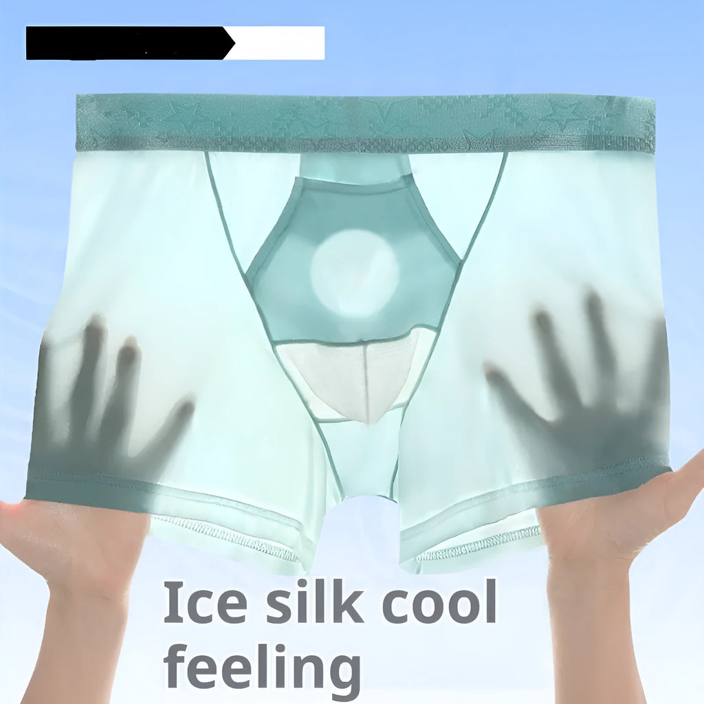 Men's solid colour ice silk nylon boxer shorts on a mid-waist, shown in multiple colour options.