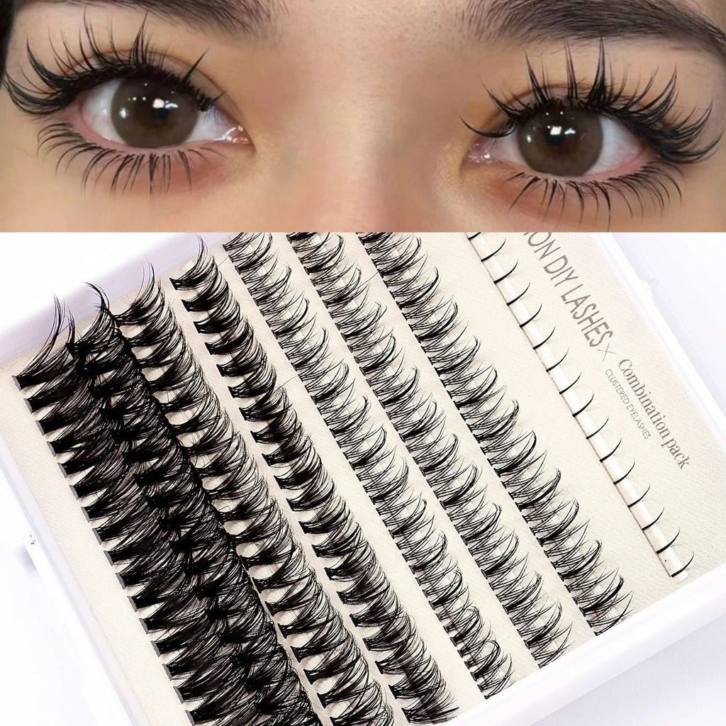 DIY false eyelash extension kit showing segmented clusters, black and pink adhesive bottles, an applicator brush, and tweezers on a pink background.
