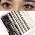 DIY false eyelash extension kit showing segmented clusters, black and pink adhesive bottles, an applicator brush, and tweezers on a pink background.