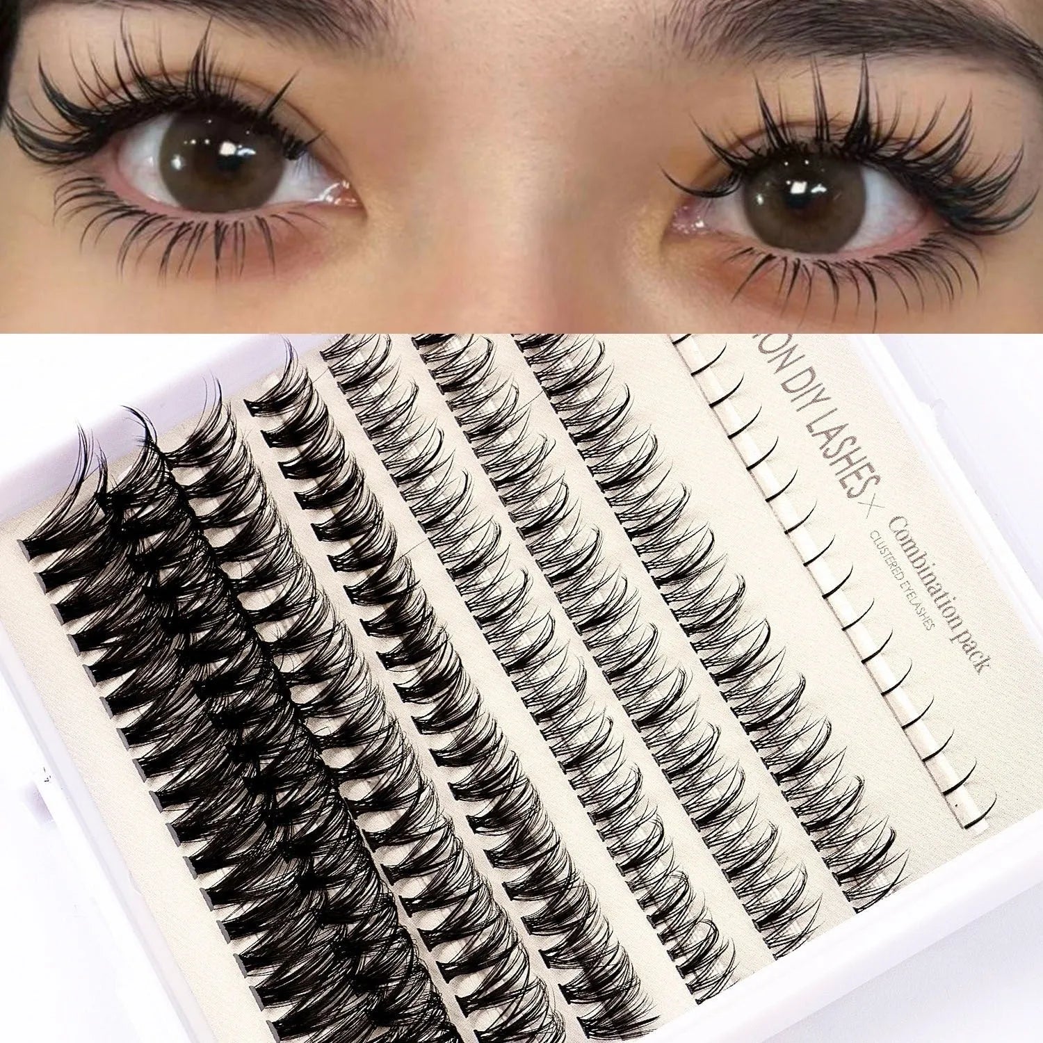 DIY false eyelash extension kit showing segmented clusters, black and pink adhesive bottles, an applicator brush, and tweezers on a pink background.