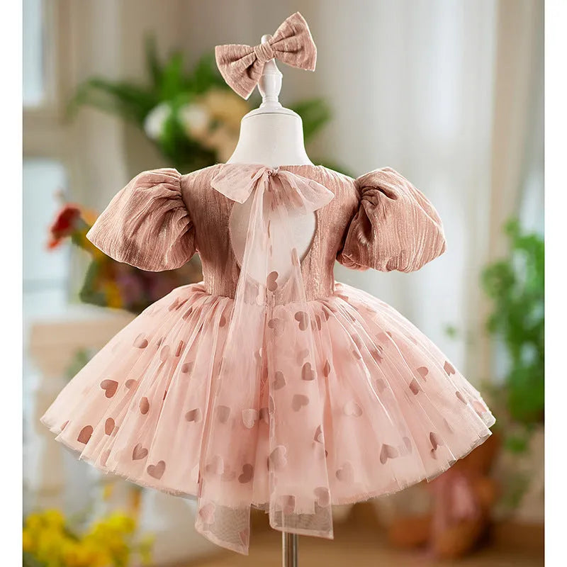 Girls' bean pink puff sleeve puffy gauze princess dress with headband on display