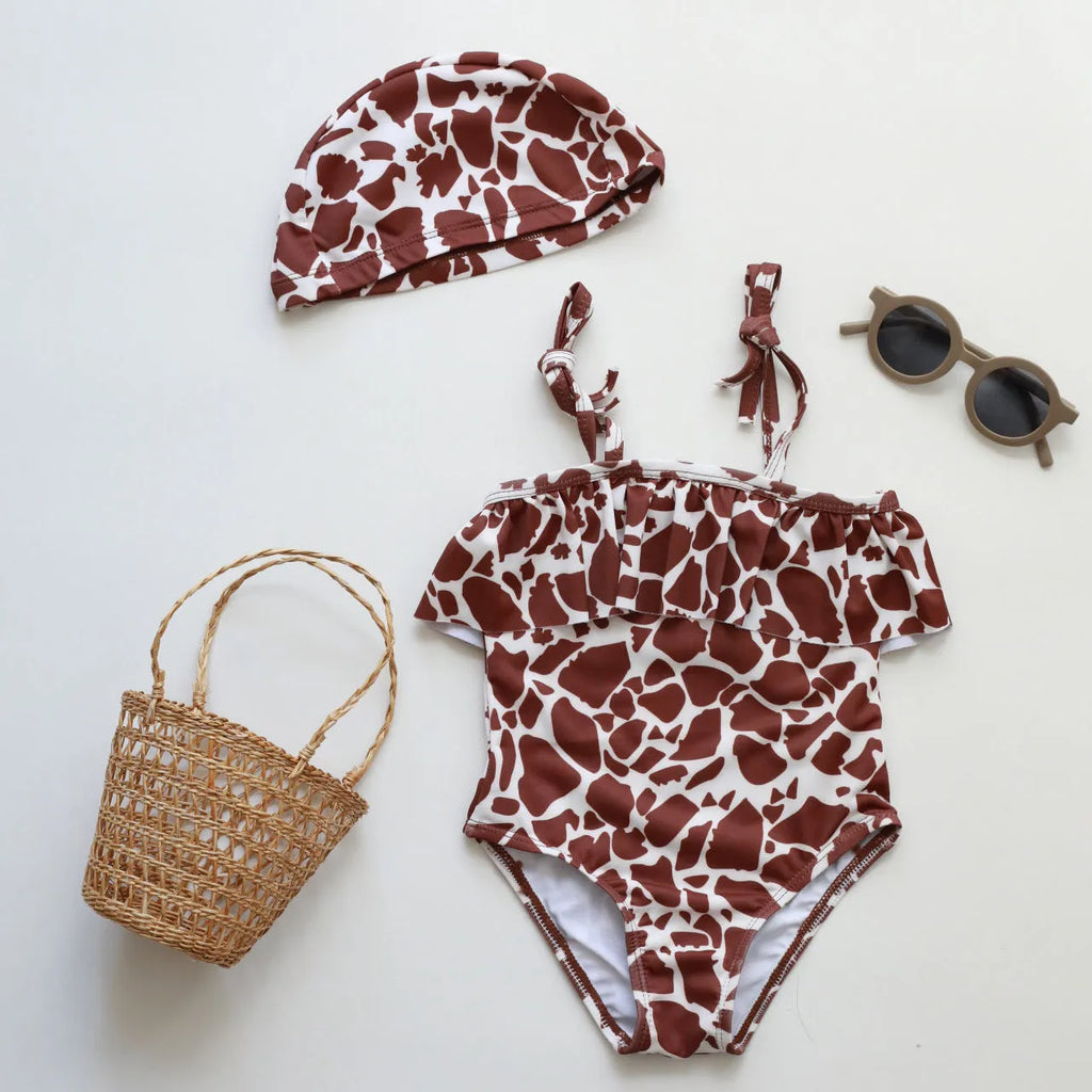 Girls' high elasticity one piece swimsuit with floral print design and shoulder straps