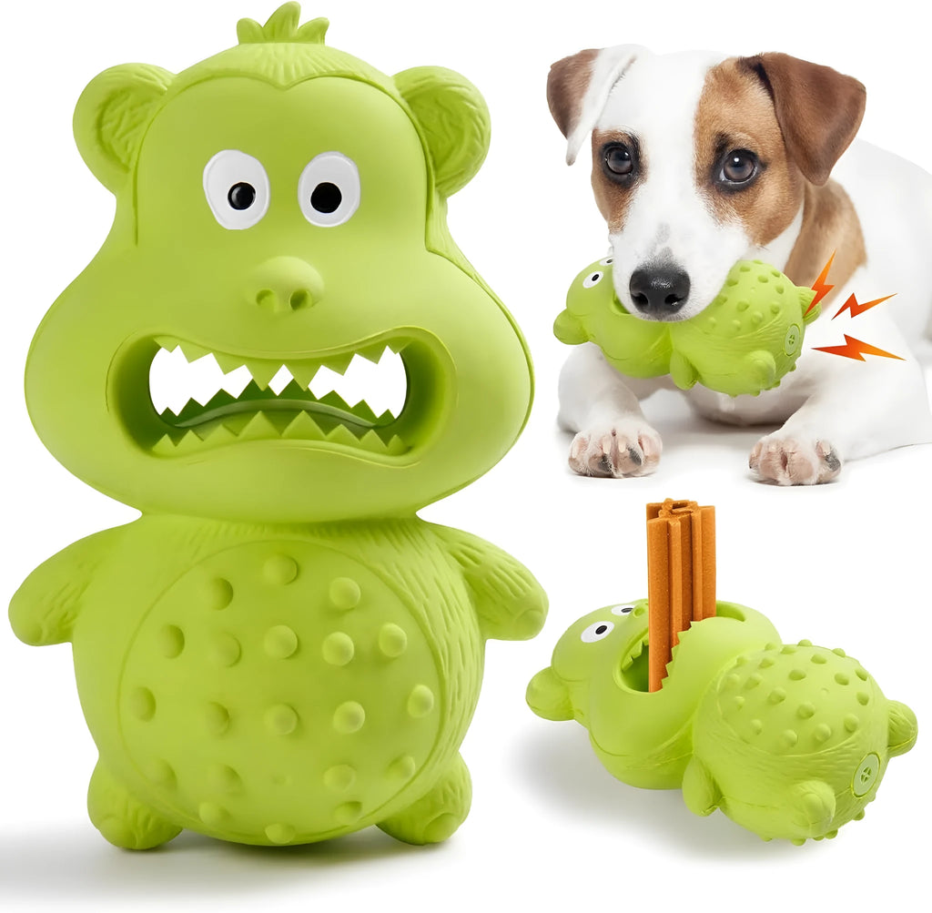 Green and yellow natural rubber squeaky dog toy with treat-fillable hole.