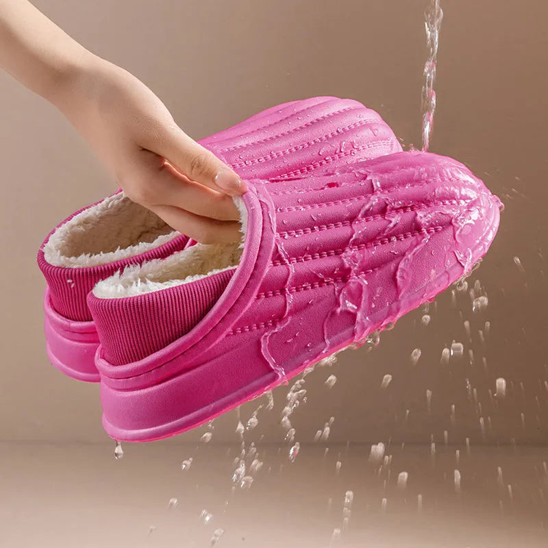 Thickened couple slippers in grey, EVA sole, non-slip, round toe, plush lined winter home shoes