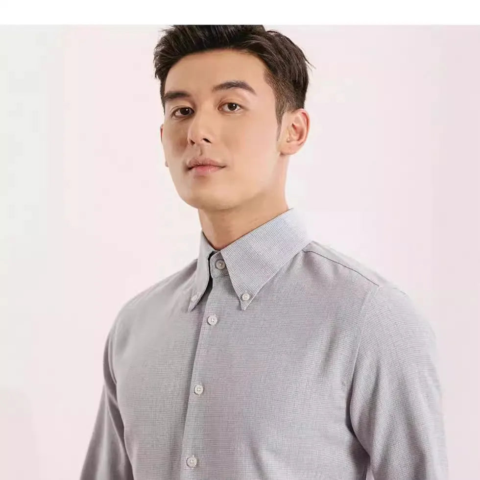 Non-ironing men's long-sleeved casual plaid business shirt in khaki, viscose blend, cardigan style