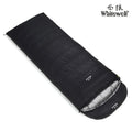 Black outdoor down sleeping bag with envelope design on a neutral background.