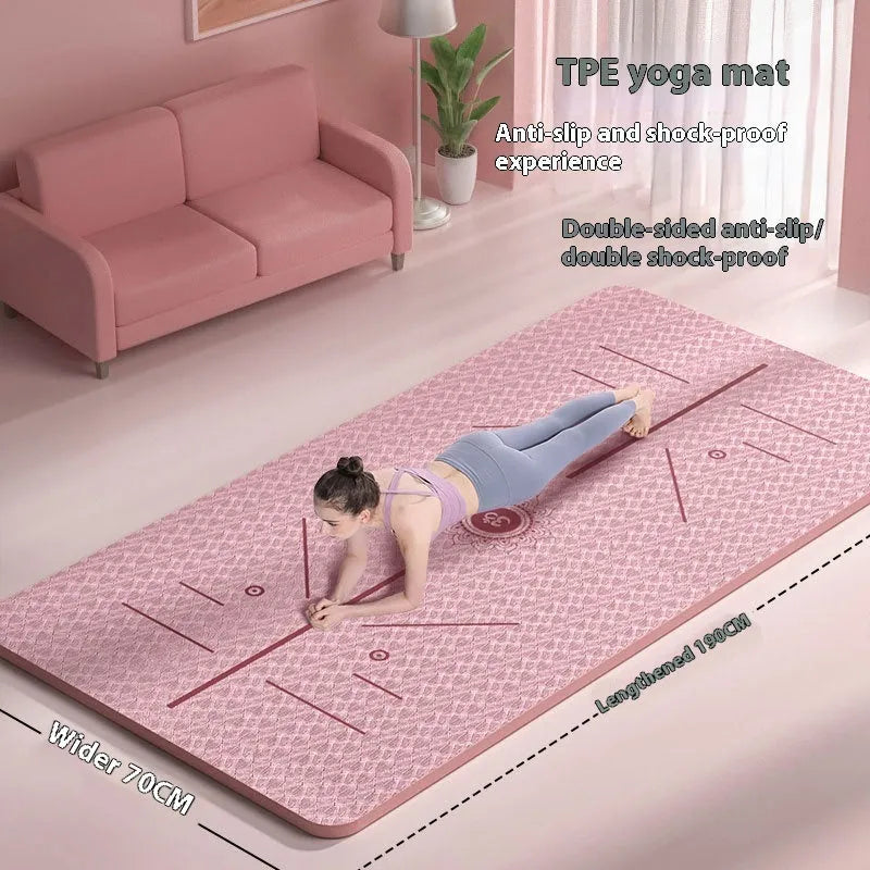 TPE fitness training mat in mint green, showing its 190cm length and 70cm width on a floor.
