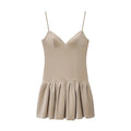 Women's camisole fluffy short dress in khaki with hooded asymmetric pleated design and regular sleeves