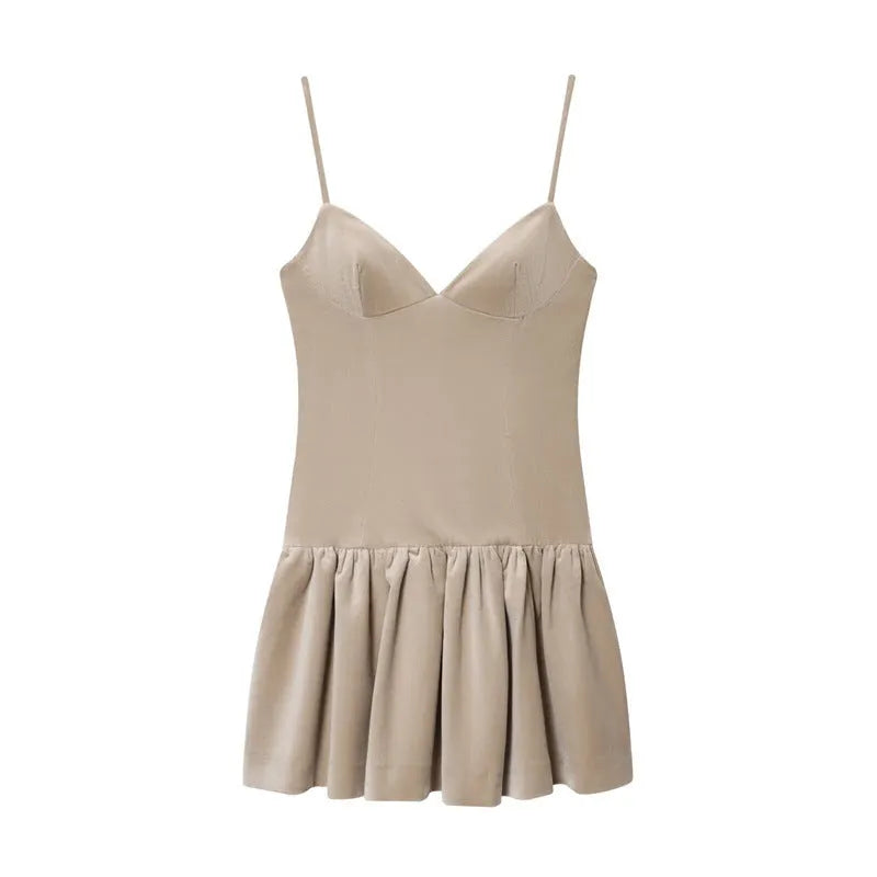 Women's camisole fluffy short dress in khaki with hooded asymmetric pleated design and regular sleeves