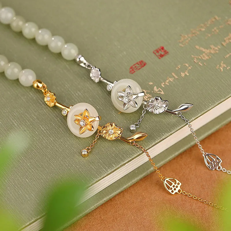 Women's antique bracelet with Hetian jade inlay and lotus peace buckle design in 925 silver