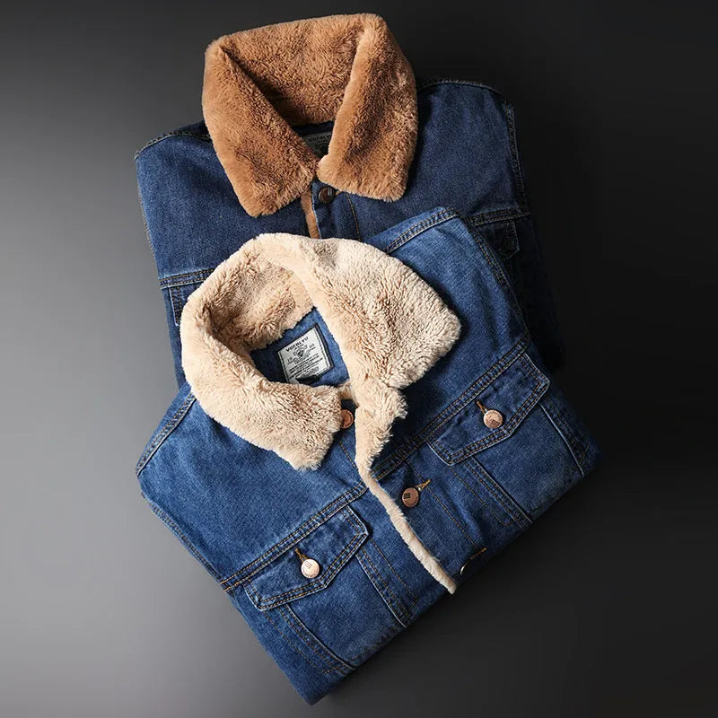 Fleece-lined denim coat jacket in blue, solid colour, regular fit, with dimensional patch pockets