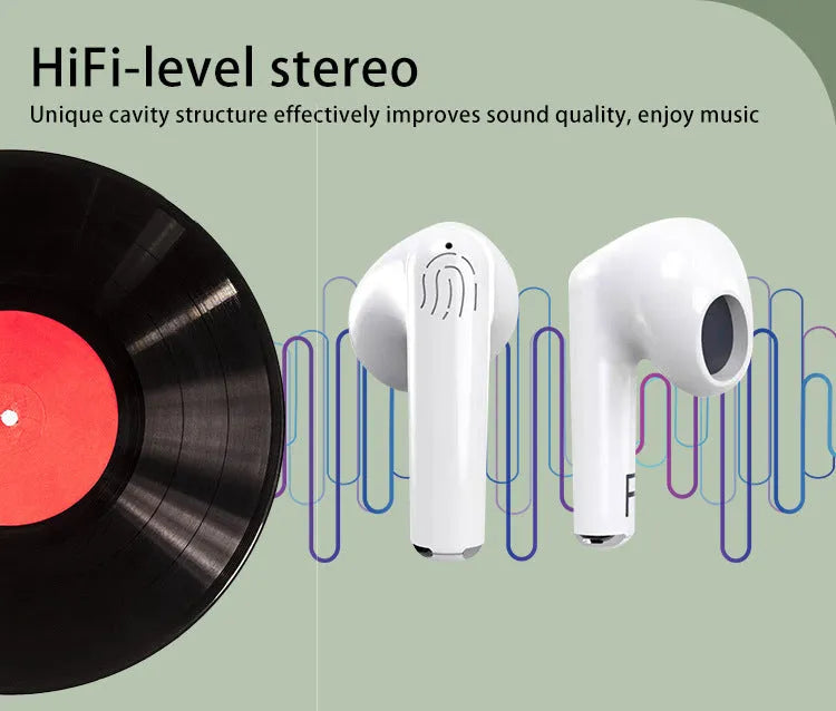 White wireless Bluetooth earphones with a semi-in-ear design and a matching charging case.