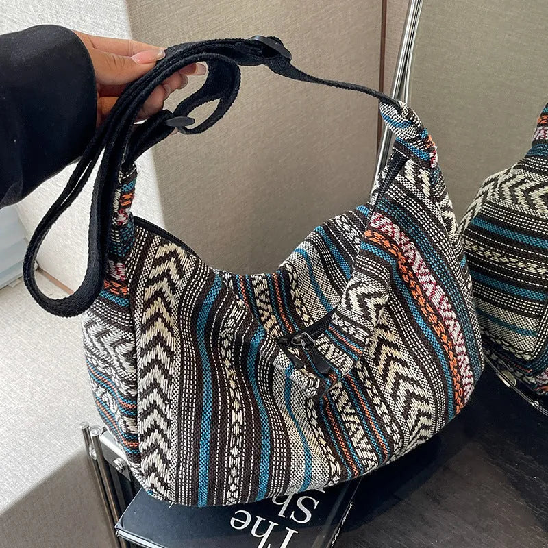 Ethnic style canvas crossbody dumpling bag with sewing thread detailing in five colour options