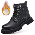 Men's brown high-top leather boots with a side zipper and mid heel.