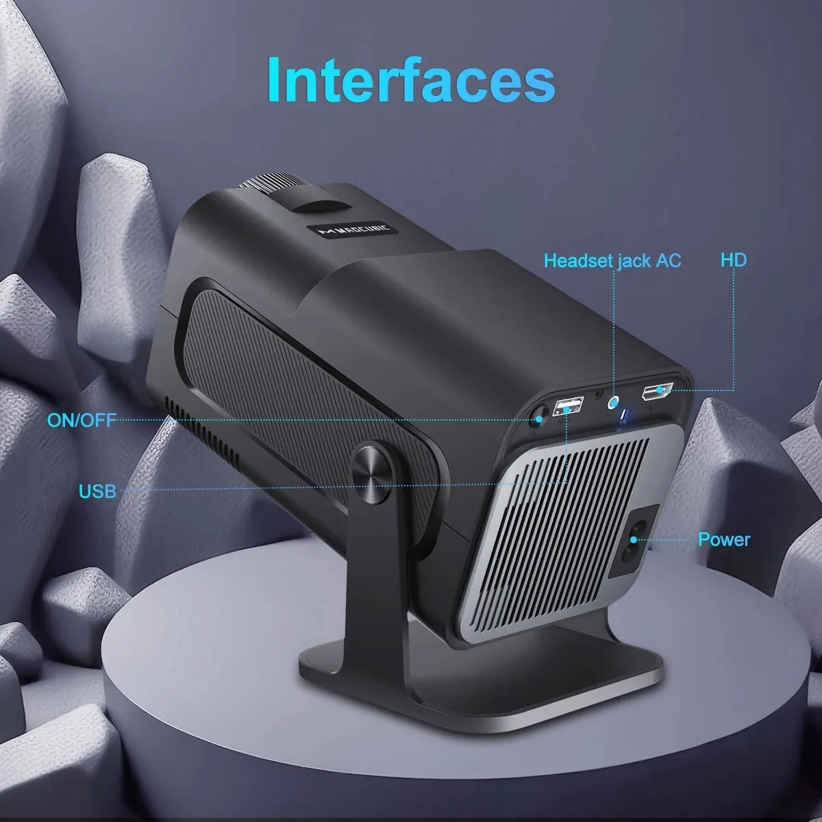 Small 1080p projector with 390 ANSI lumens, Android version, WiFi and 5G connectivity, shown with remote control and power cord.