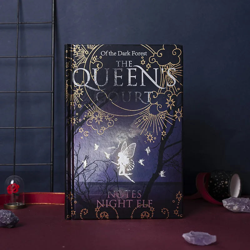 Blue and purple A5 hardcover notebooks with luminous retro covers, open to show full-colour illustrated pages.