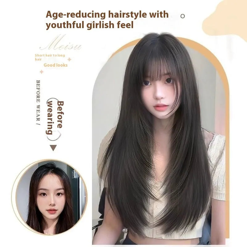 Full-head long straight layered wig in synthetic fibre with wear-free hair net