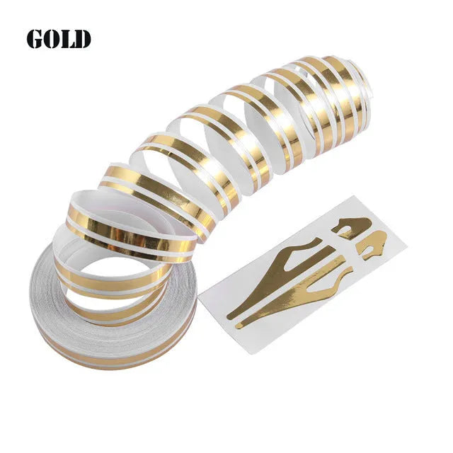 Self-adhesive line body sticker roll, 12 mm x 9.80 m, latte style, for waistline and hood, in black blue green laser gold.