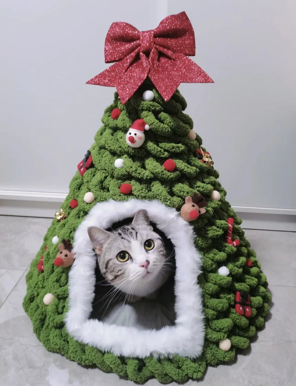 Grey handmade felt cone cat house with enclosed tent design for indoor cats