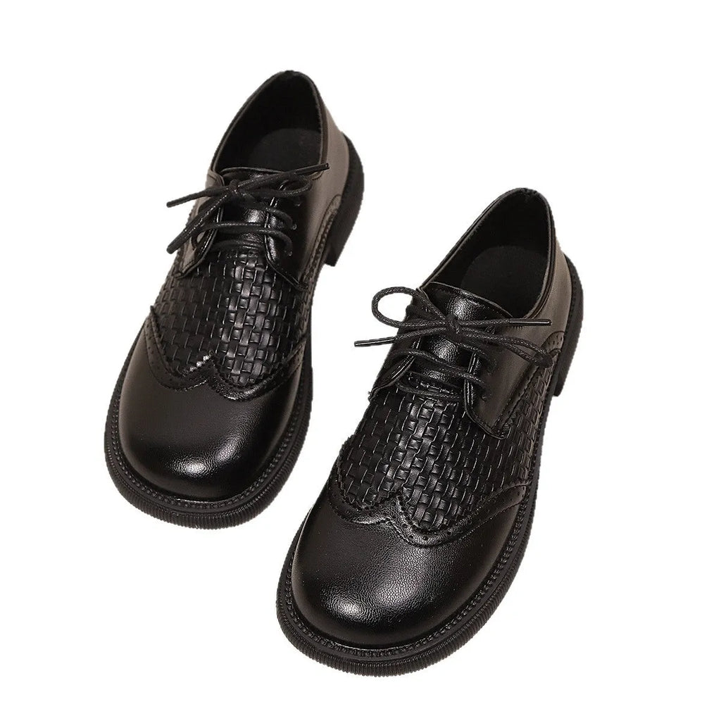 Women's mid heel lace-up mesh and PU leather pumps in black with square heel and round toe