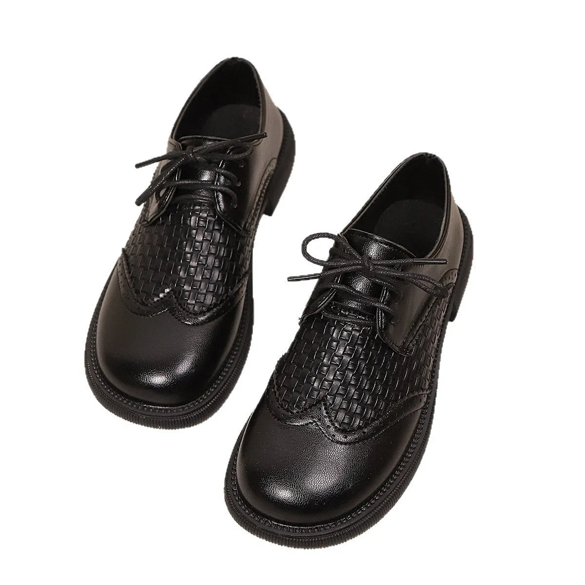 Women's mid heel lace-up mesh and PU leather pumps in black with square heel and round toe