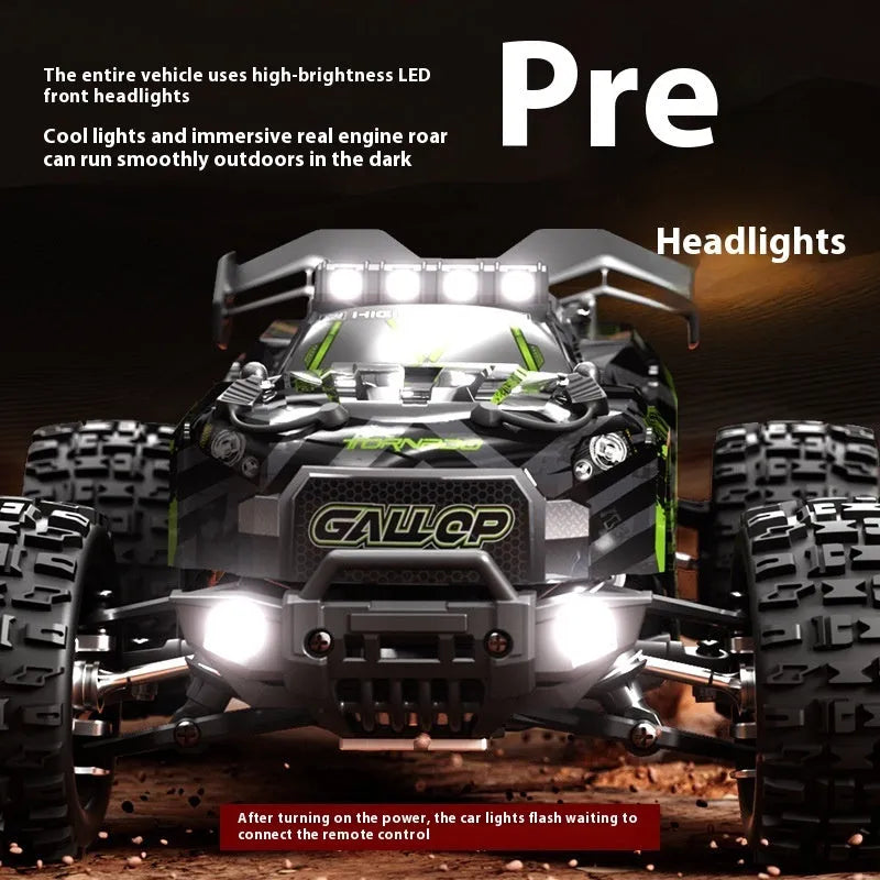 Brushless four-wheel drive remote control car in green with metal drive shaft and 50 km/h speed rating