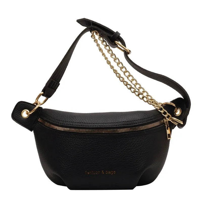 PU medium soft waist bag with single shoulder strap and zippered compartment, black colour, splicing detail