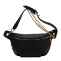 PU medium soft waist bag with single shoulder strap and zippered compartment, black colour, splicing detail