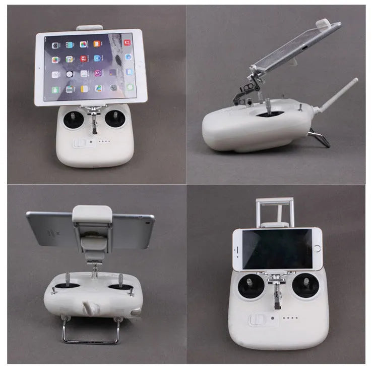Silver mobile phone holder tongs with a remote control lanyard, a car accessory for elderly users.