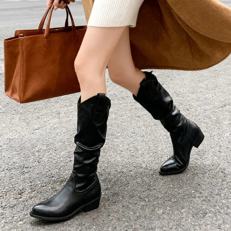 Women's chunky heel high-top riding boots in round toe with block heel, cloth khaki colour
