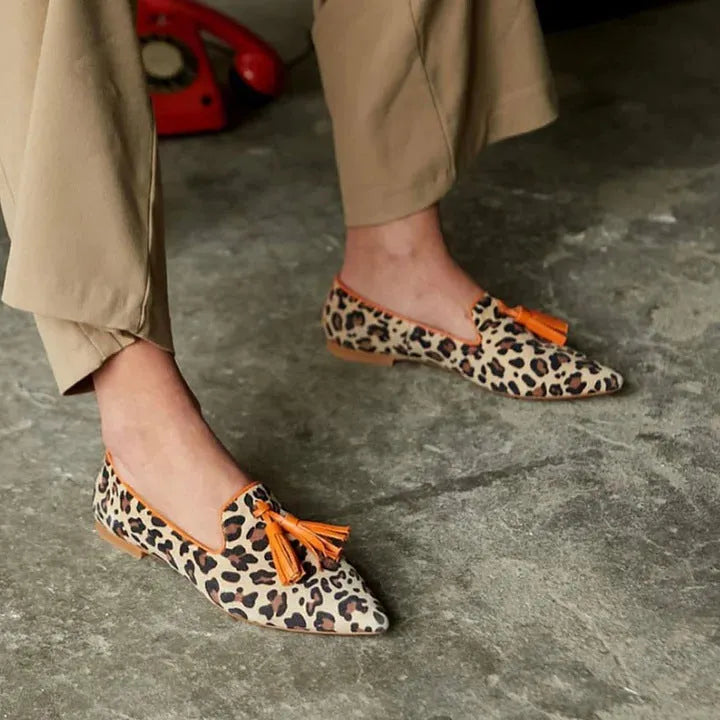 Womens pointed toe leopard print loafers with low chunky heel and rhinestone decoration on PU upper