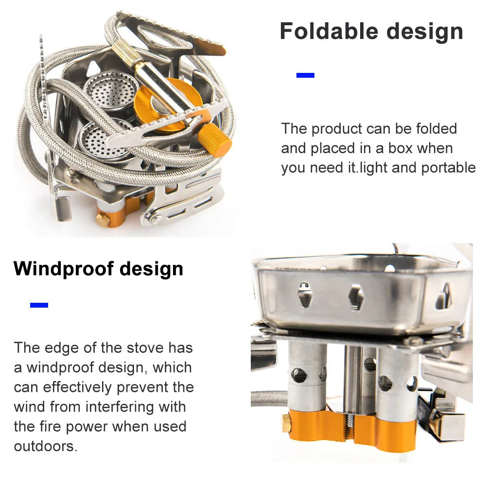 Foldable portable windproof split camping stove with aluminium fire tray and stainless steel frame on outdoor surface