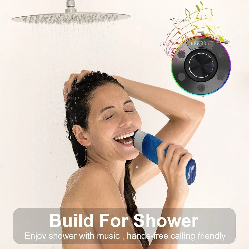 Waterproof Bluetooth speaker in black and sky blue with compact round design