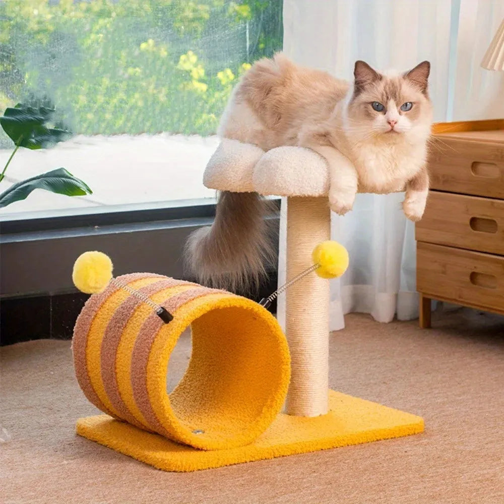 Yellow bee-shaped cat climbing frame with sisal scratching surfaces and central tunnel