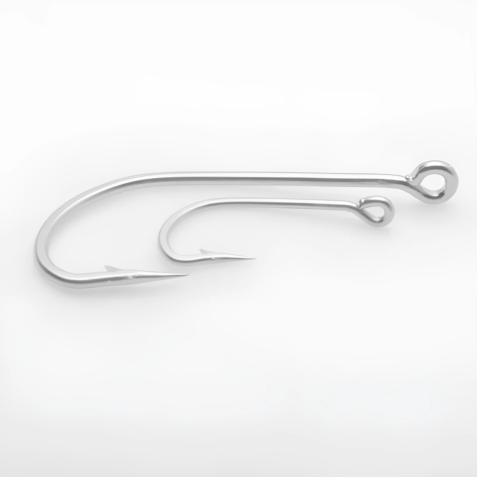 Assortment of stainless steel alloy fishhooks for sea fishing on a blue background.