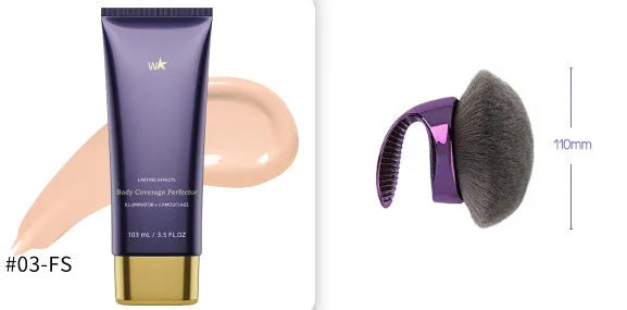 Waterproof body tattoo concealer cream bottle and brush in one of seven radiance shades.