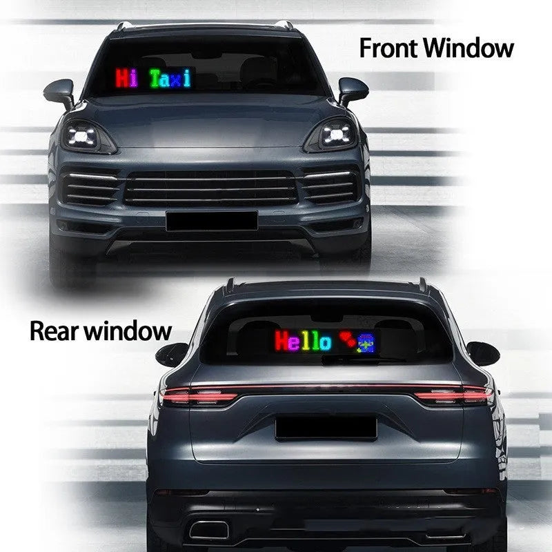 Ultra-thin programmable LED advertising display screen showing colourful animated text, bent to demonstrate flexibility.