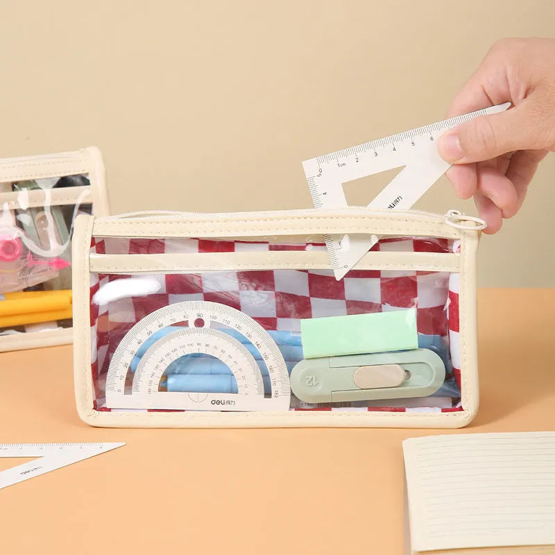 Clear PVC pencil case with chessboard pattern showing pens inside