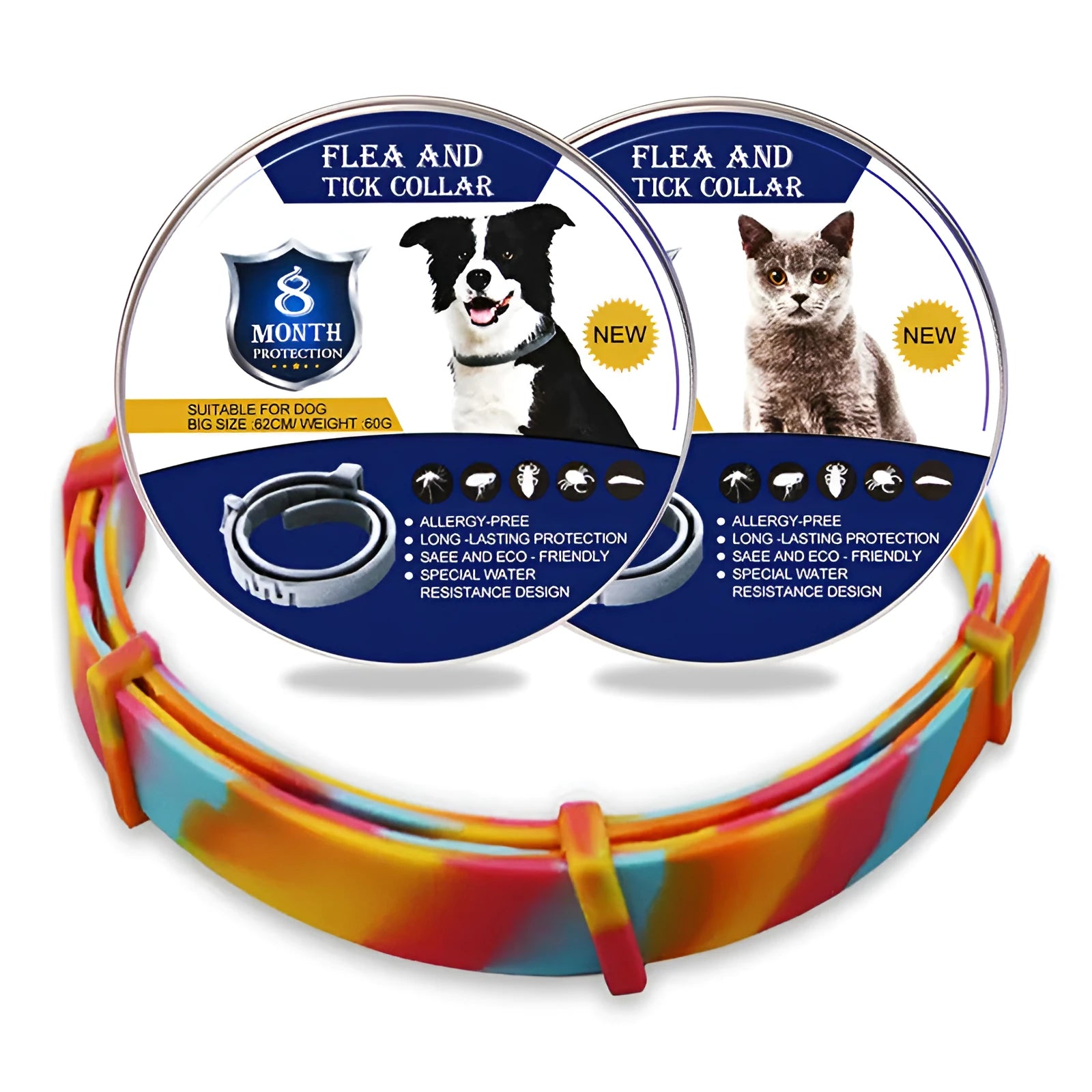 Rainbow packaged plastic flea and lice preventing collar for cats and dogs, showing 38cm and 62cm sizes.